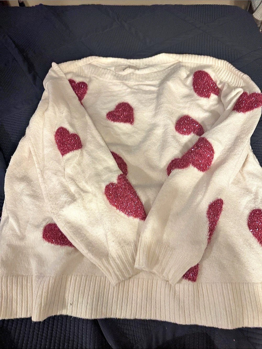 LOFT Heart Print Crewneck Sweater in Cream & Red